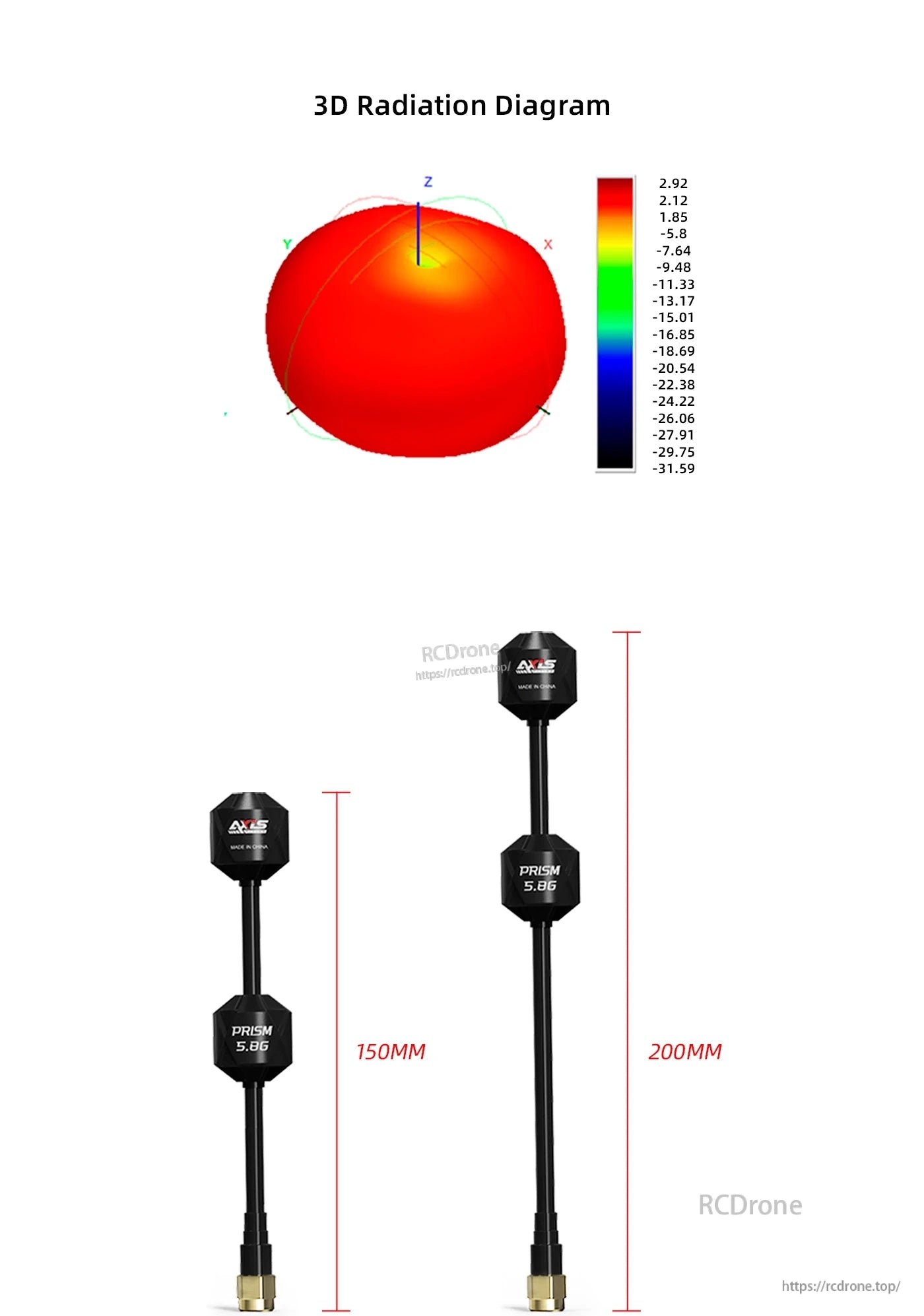 Axisflying RHCP 5.8G Prism FPV Antenna, Axisflying Prism 5.8G RHCP FPV antenna with SMA connector, shown in 150mm and 200mm cable length options