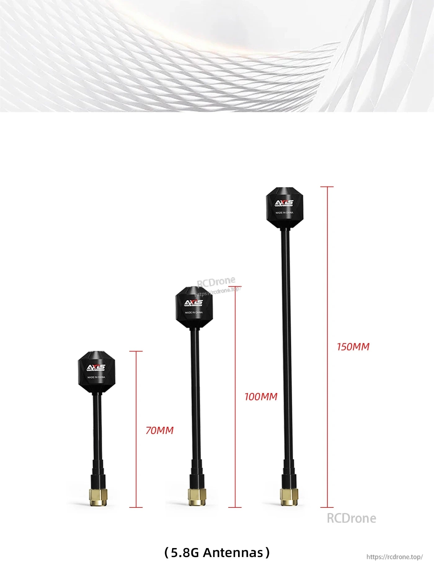 Axisflying RHCP 5.8G Prism FPV Antenna, Axisflying 5.8G RHCP Prism FPV antenna with three size options, 70mm, 100mm and 150mm stem lengths