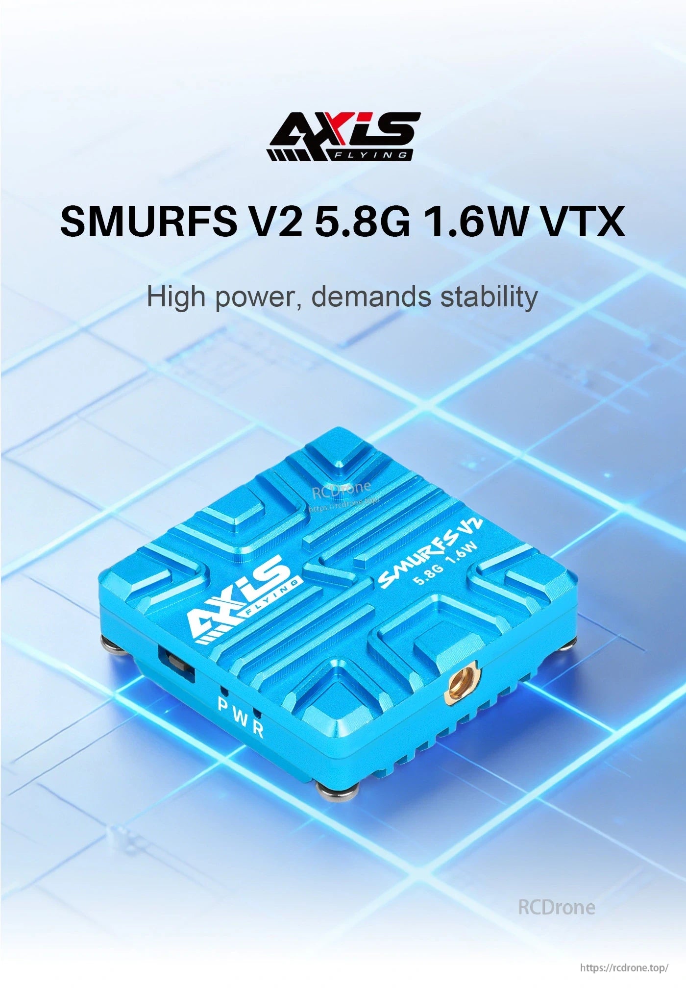 Axisflying SMURFS V2 5.8G 1.6W FPV VTX in blue aluminum case with PWR button and antenna connector
