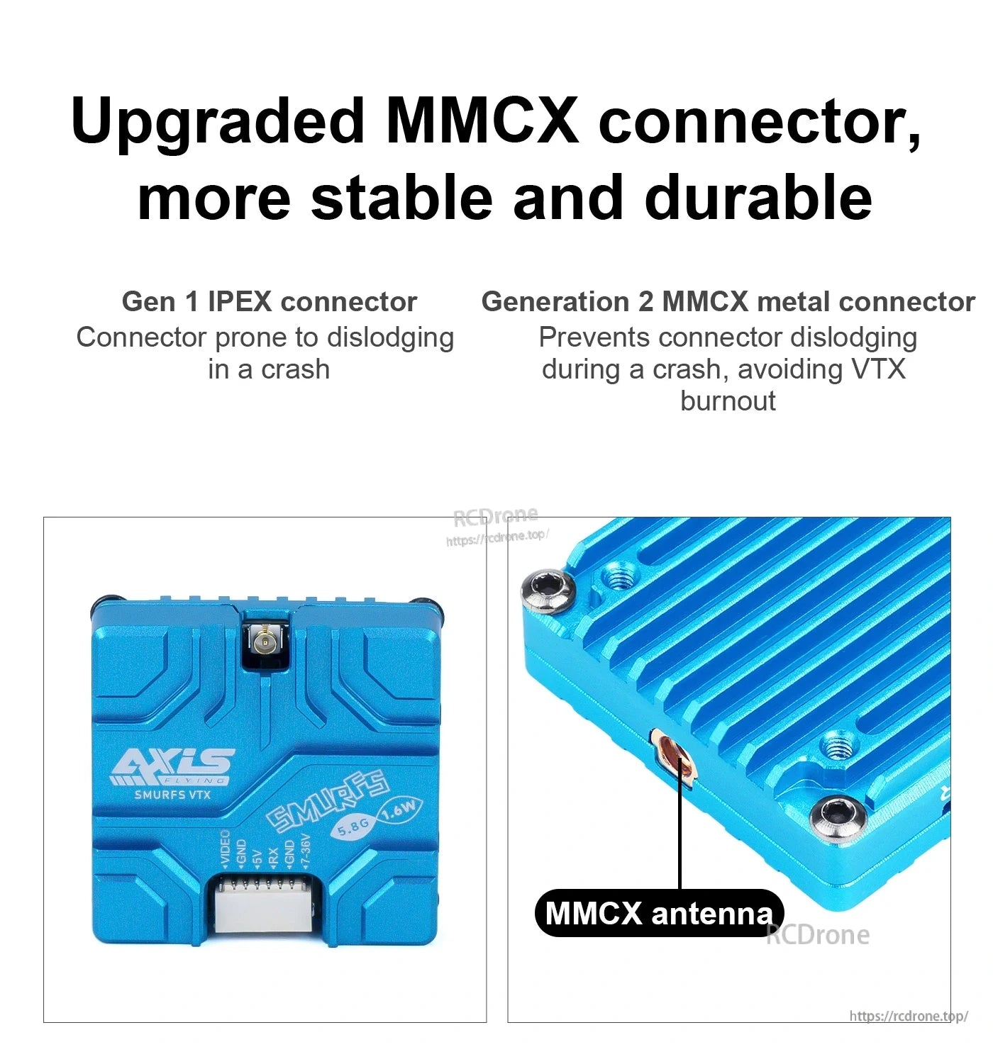 Axisflying SMURFS V2 5.8G 1.6W FPV VTX, Axisflying SMURFS V2 5.8G FPV VTX with blue heatsink case, MMCX antenna connector, and 6-pin wiring port