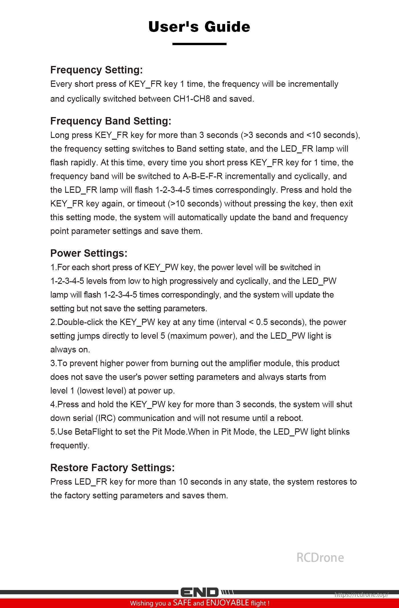 Axisflying SMURFS VTX user guide: Adjust frequency, band, and power using keys; reset with LED_FR; follow power level limits for safe operation.
