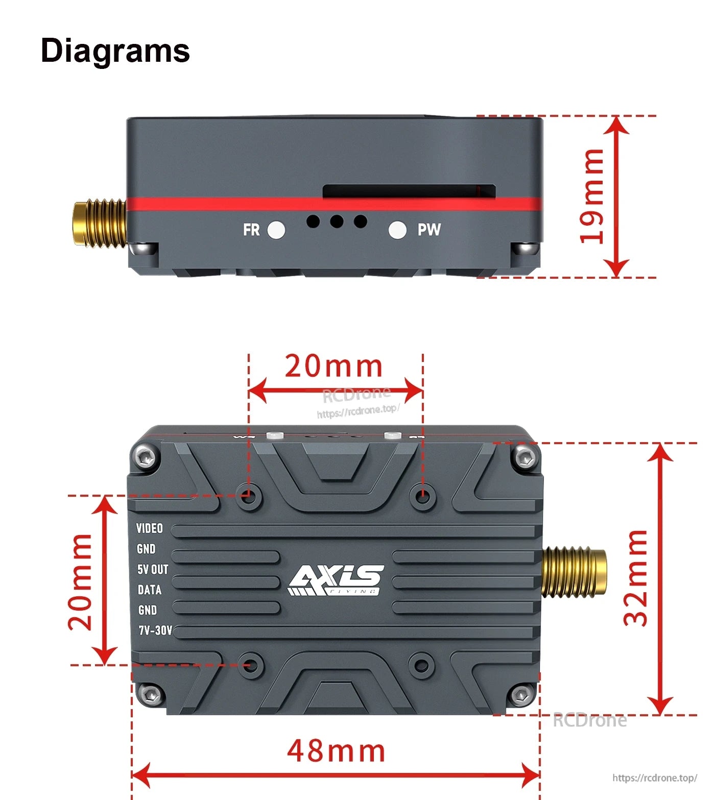 Axisflying TERK 1.2G 4W Analog VTX diagram shows compact dimensions and port layout, including power, antenna, and camera connections for FPV drone use.