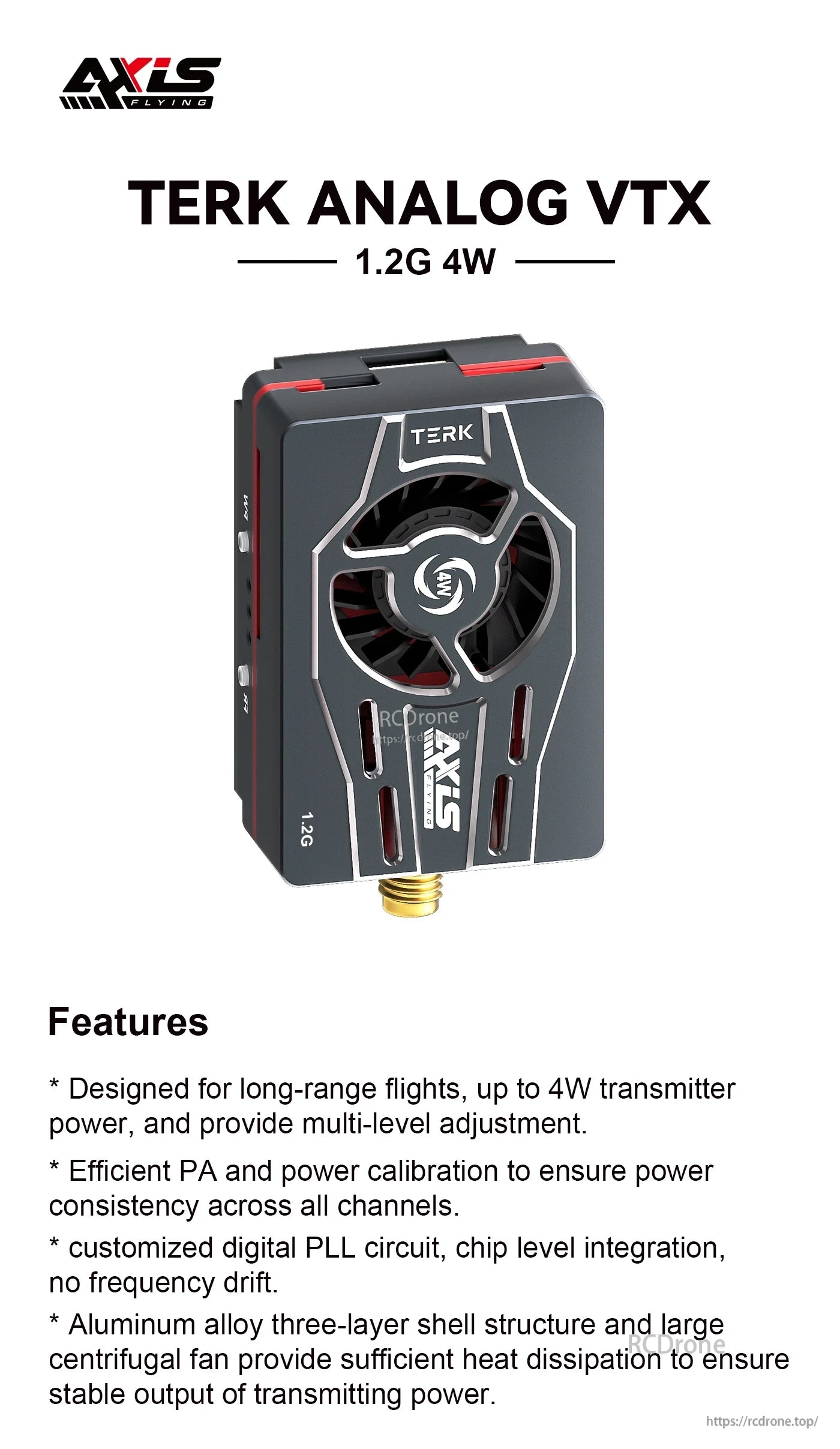 Axisflying TERK 1.2G 4W Analog VTX, TERK Analog VTX is a 1.2G 4W long-range transmitter with stable power output, precise digital PLL, and excellent heat dissipation via aluminum housing and centrifugal fan.