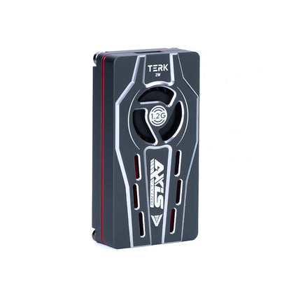 Axisflying TERK 1.2G 2W analog VTX in black metal case with silver heat-sink cover and cooling fan grille