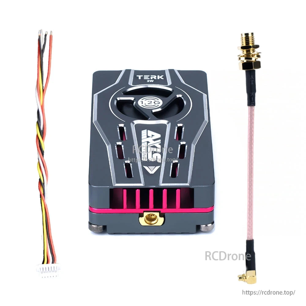 Axisflying TERK 1.2G 2W analog VTX module with heatsink, wiring harness, and SMA antenna pigtail
