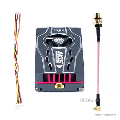Axisflying TERK 1.2G 2W analog VTX module with heatsink, wiring harness, and SMA antenna pigtail