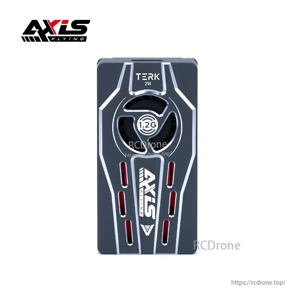 Axisflying TERK 1.2G 2W analog VTX module in a vented black metal case with integrated cooling fan