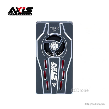 Axisflying TERK 1.2G 2W analog VTX module in a vented black metal case with integrated cooling fan