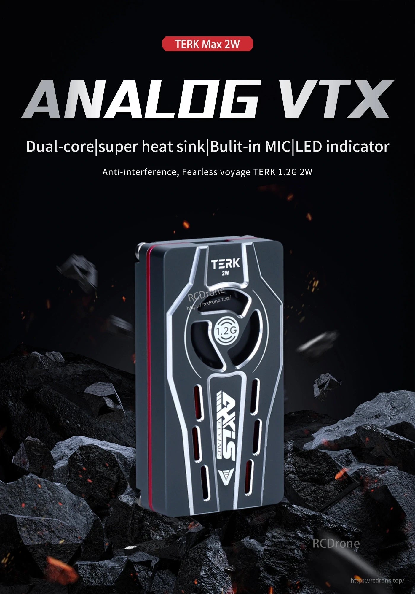 Axisflying TERK 1.2G 2W Analog VTX, Axisflying TERK Max 2W 1.2G analog VTX in a vented metal heat-sink case with TERK 2W front marking