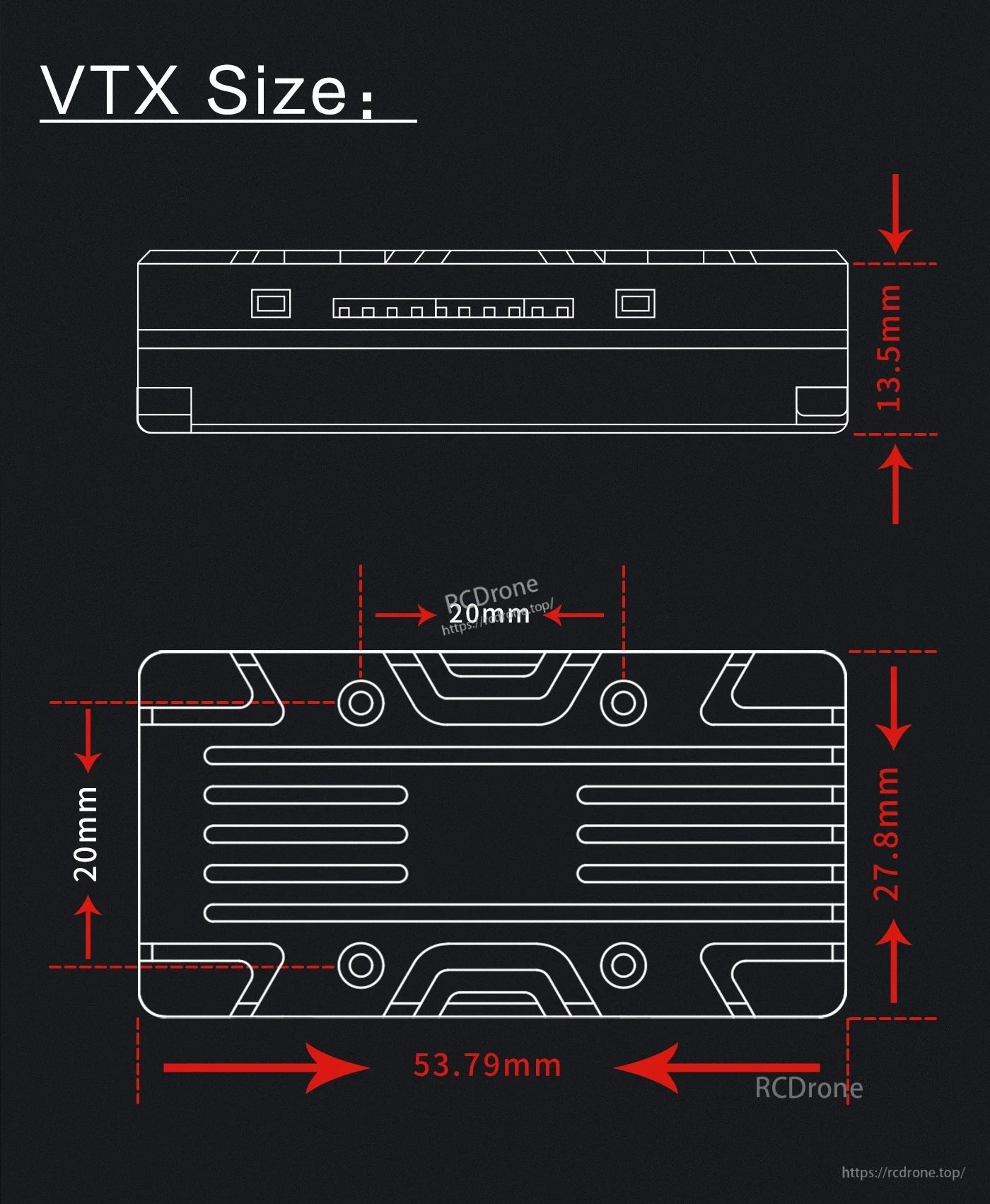 Axisflying TERK 1.2G 2W Analog VTX, Axisflying TERK 1.2G analog VTX size diagram showing 53.79 x 27.8 mm body, 13.5 mm height, 20 mm mount