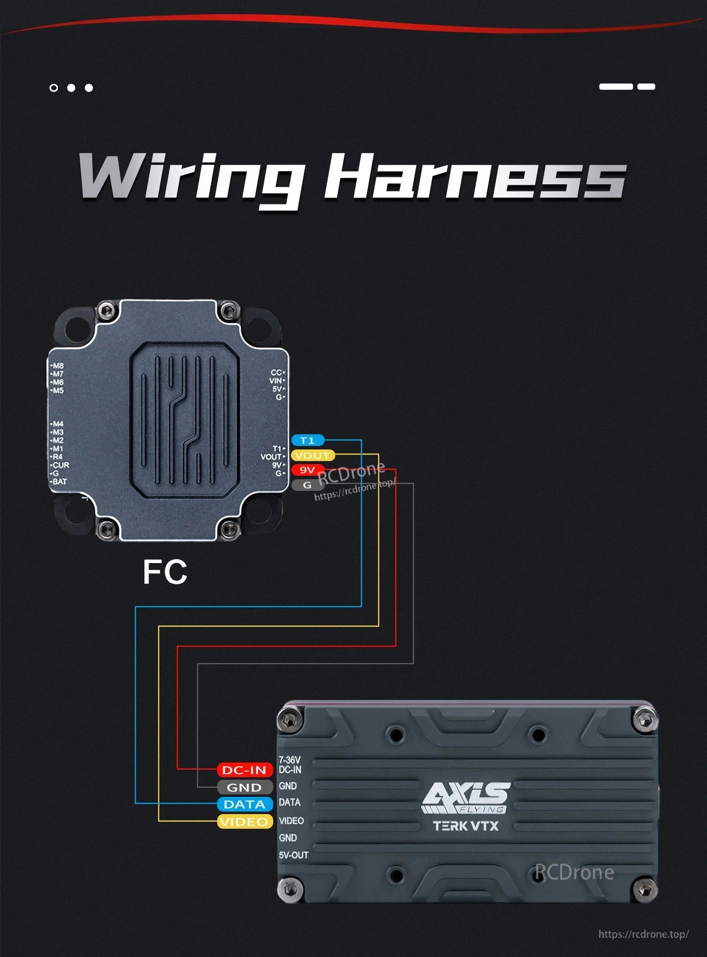 Axisflying TERK 1.2G 2W Analog VTX, Wiring harness diagram for Axisflying TERK analog VTX showing FC pad connections to DC-IN, DATA, VIDEO and GND