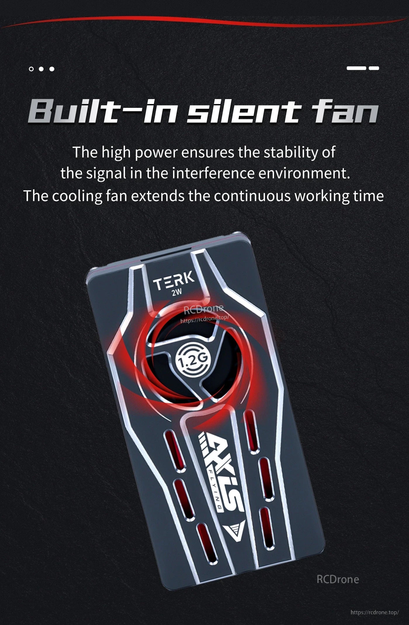 Axisflying TERK 1.2G 2W analog VTX with built-in silent cooling fan, TERK branding and vented housing