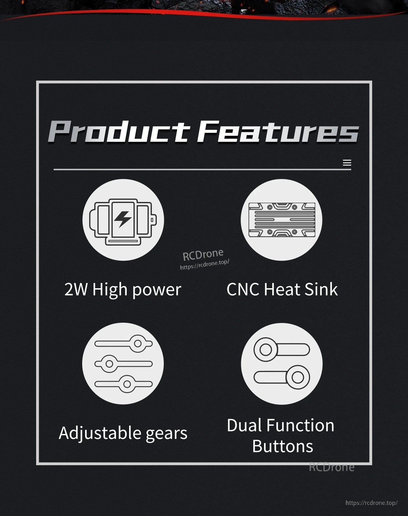 Axisflying TERK 1.2G 2W analog VTX features graphic listing 2W power, CNC heat sink, adjustable gears, dual buttons