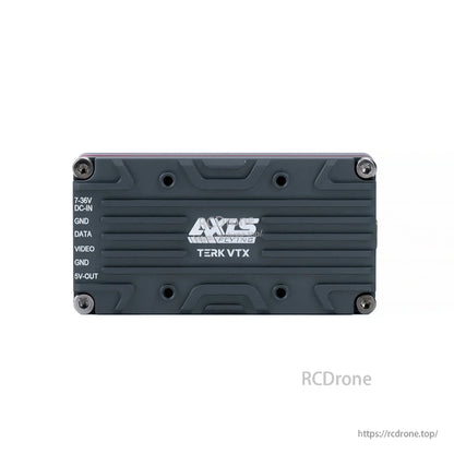 Axisflying TERK 3.3G 2.5W Analog VTX, Axisflying TERK VTX supports 7-36V input, features MMCX, NTSC/PAL video, dual-core processor, MIC, LED, and provides DATA, VIDEO, GND, and 5V output.
