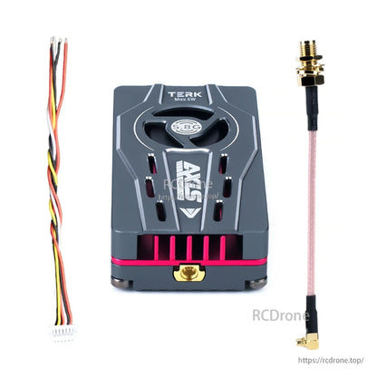 Axisflying TERK 5.8G 5W Analog VTX, TERK 5.8G 5W VTX with 48 channels, PIT mode, LED, MIC, MMCX antenna connector, 7–36V input, includes antenna and wiring for FPV drones.