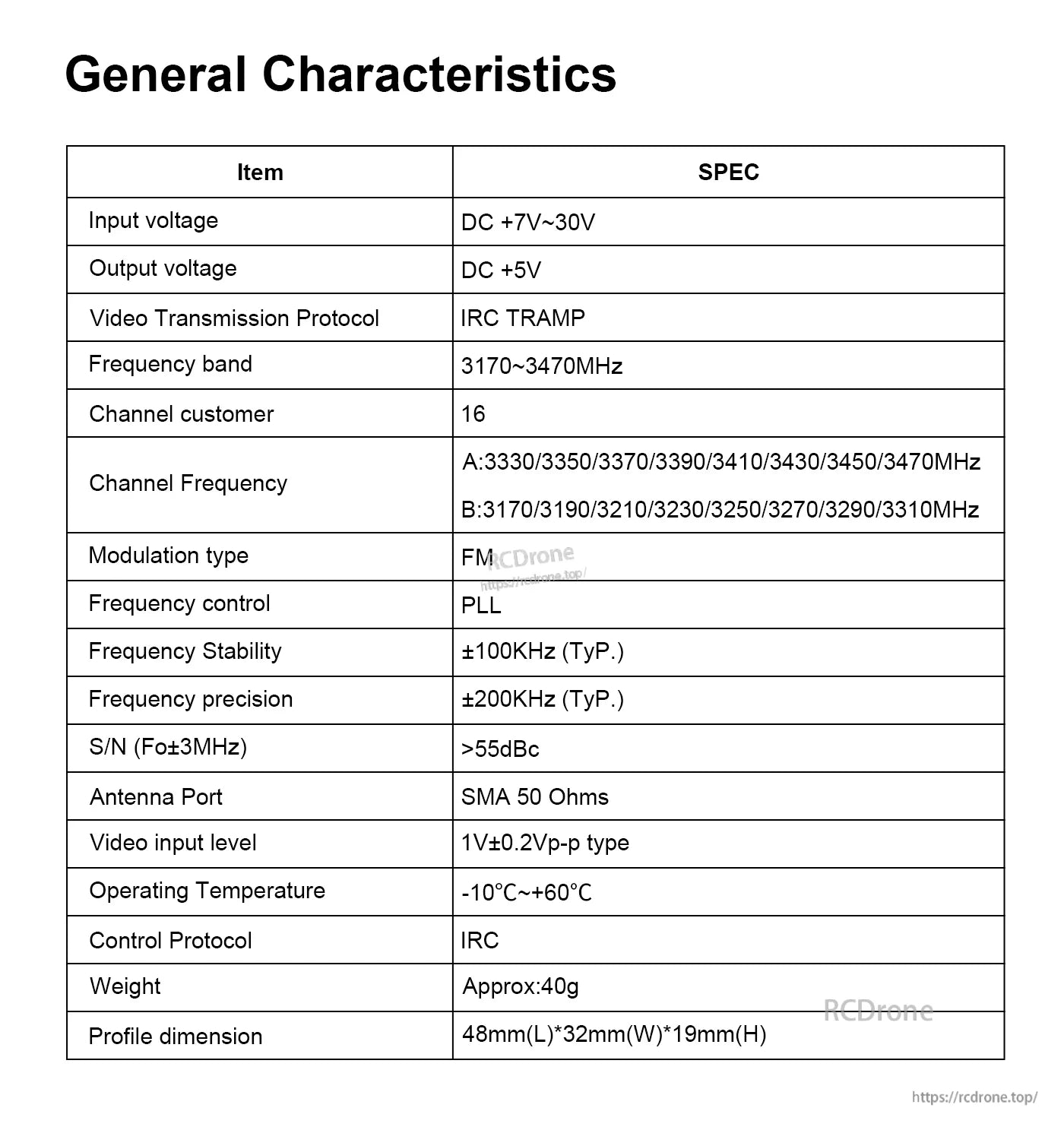 Axisflying TERK Analog 3.3G 4W VTX, TERK 3.3G 4W VTX: 7-30V input, 5V output, 3170-3470MHz, 16 channels, FM/PLL, SMA antenna, IRC TRAMP control, -10°C to +60°C, 40g.
