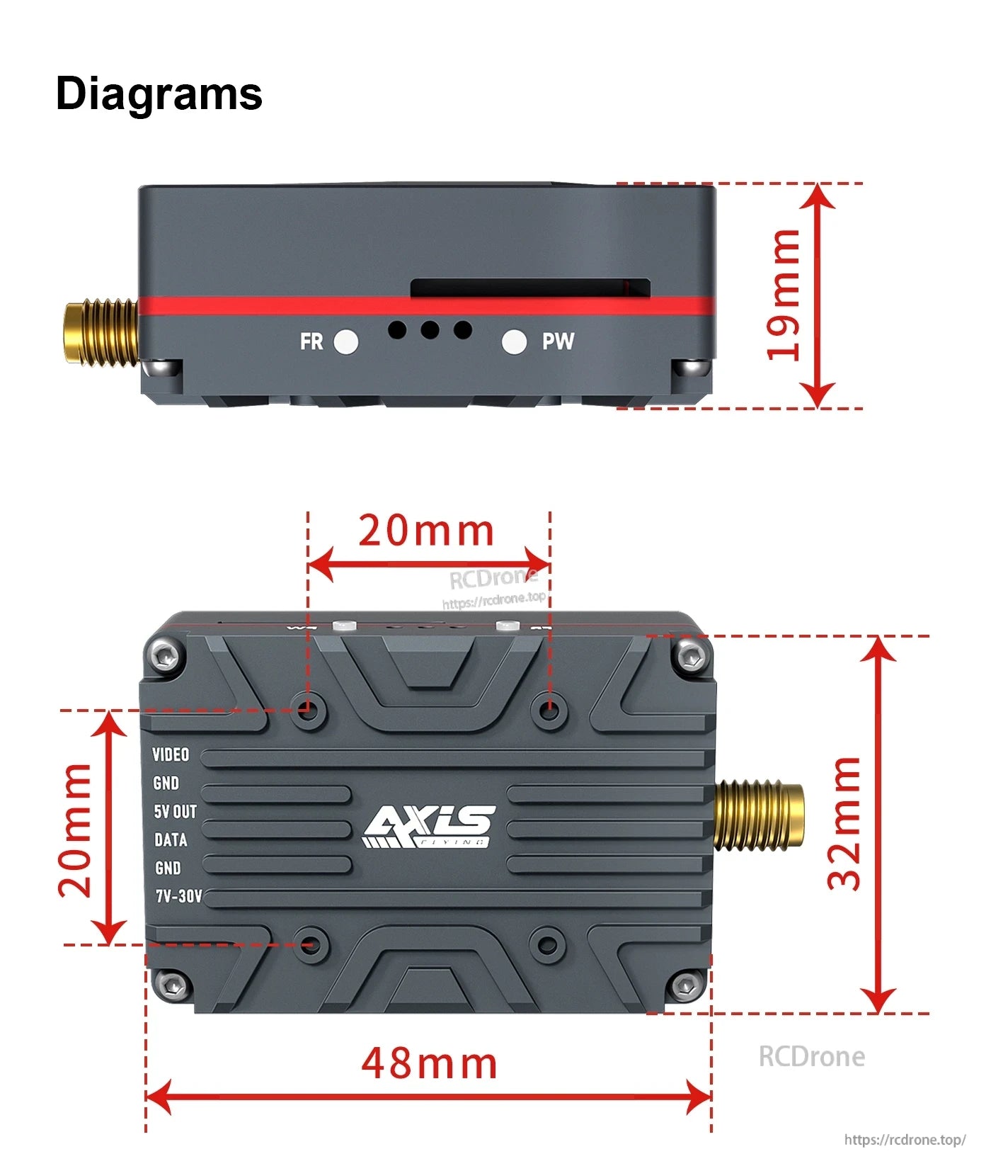 Axisflying TERK Analog 3.3G 4W VTX; 48x32x20mm; features VIDEO, GND, 5V OUT, DATA ports for drone FPV transmission.