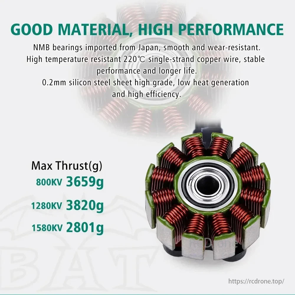 BAT 280X Brushless Motors, NMB bearings, copper wire, silicon steel. Max thrust: 800KV 3659g, 1280KV 3820g, 1580KV 2801g. Stable, efficient, long-lasting. Premium materials, high performance.