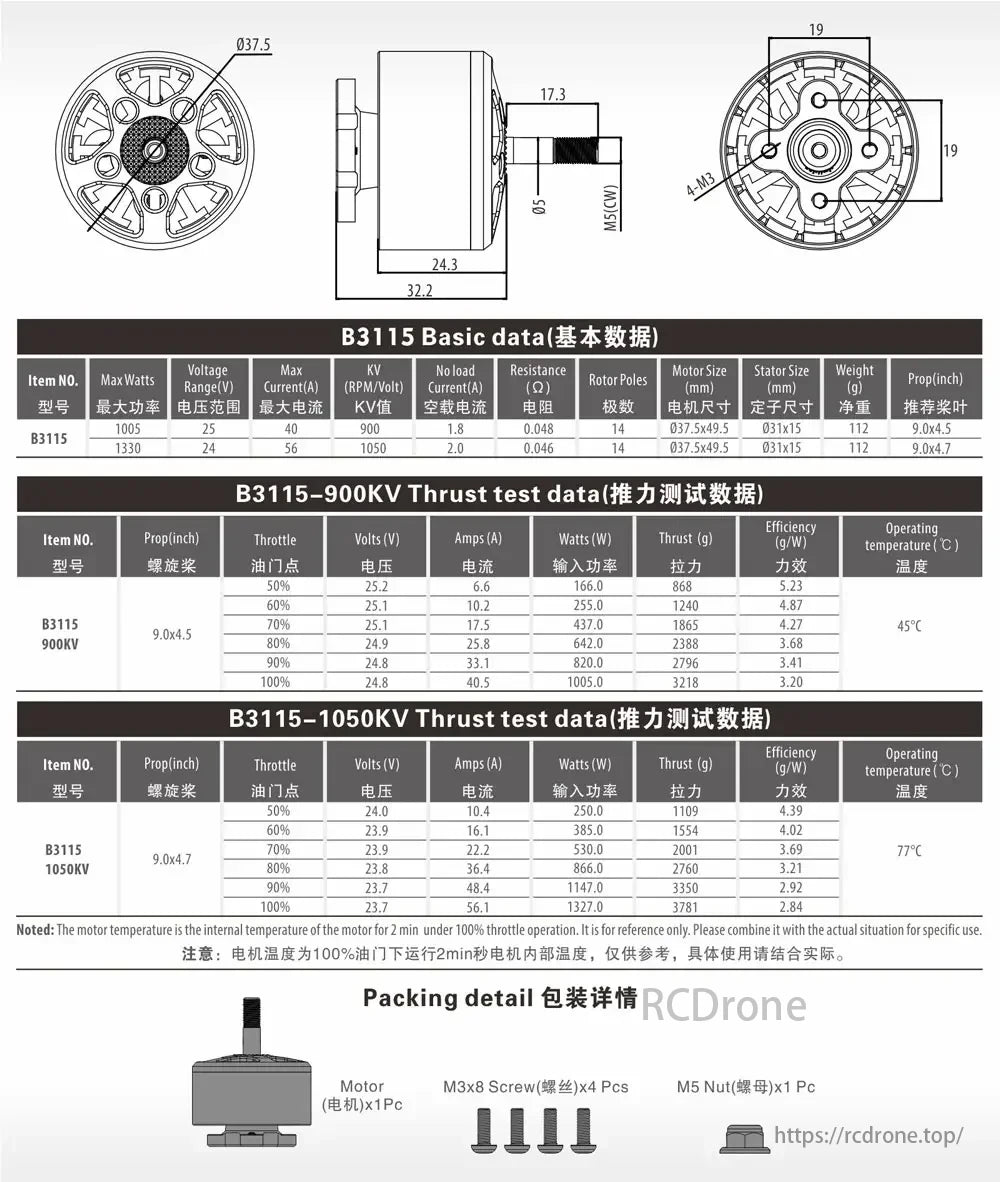 BAT 280X Brushless Motors, B3115 brushless motor: 1005/1330W, 25V, 40/56A, 900/1050KV. Thrust data included. Package contains motor, M3x8 screws, and M5 nut.