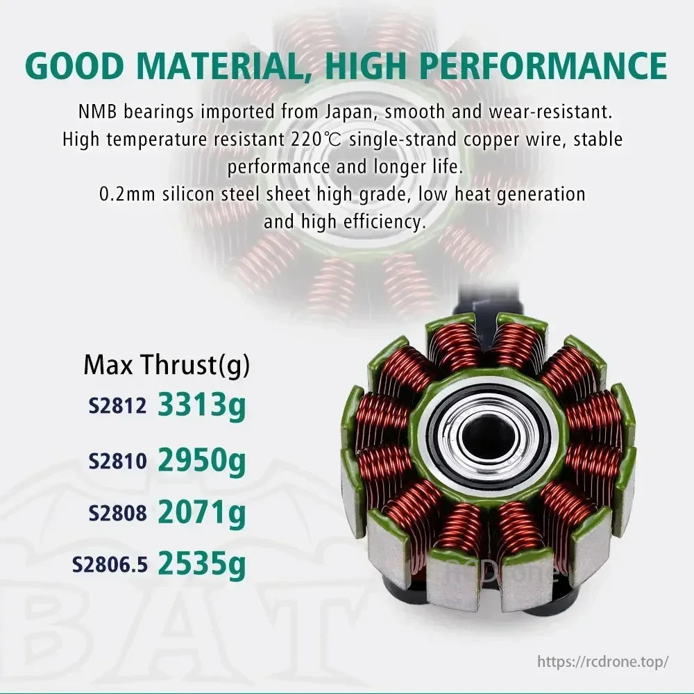 BAT 280X Brushless Motors, High-performance drone motors with NMB bearings, copper wire, and silicon steel. Stable, efficient, long-life. S2812 max thrust 3313g, S2810 2950g, S2808 2071g.