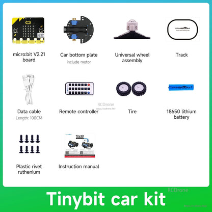Tinybit car kit contents list with micro:bit V2.21 board, car chassis, wheels, remote, track, battery, screws, manual, cable