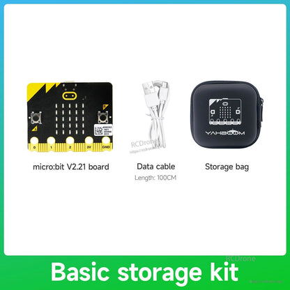 Basic storage kit contents: micro:bit V2.21 board, 100cm USB data cable, and zip storage bag
