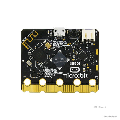 Micro:bit board rear view with micro USB port, battery connector, antenna area, and onboard components