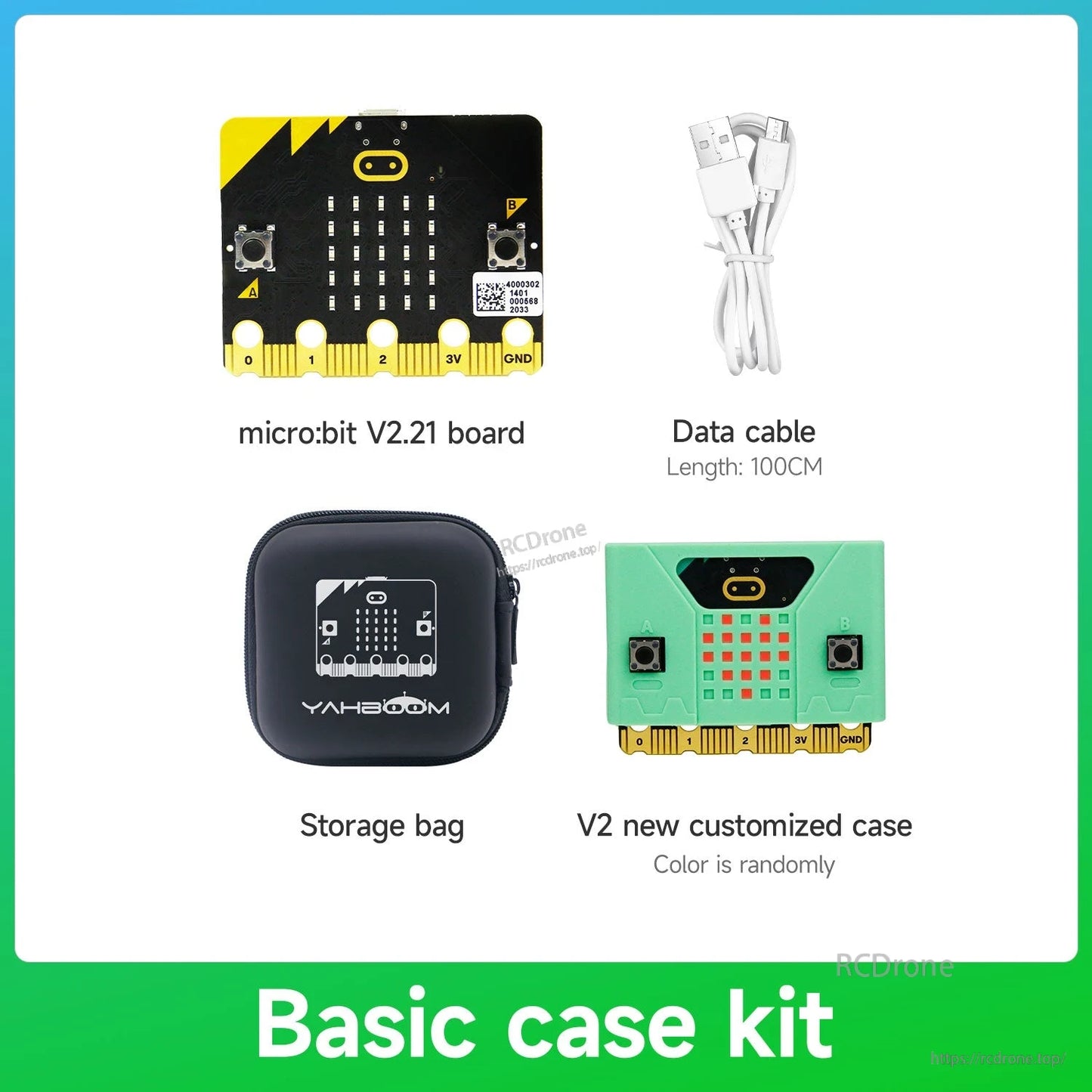 Basic case kit contents: micro:bit V2.21 board, 100cm USB data cable, storage bag, and V2 customized case