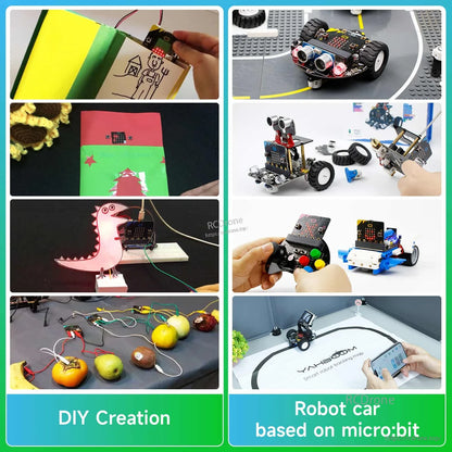 Micro:bit project examples collage: DIY creations, paper circuits, and robot car builds based on micro:bit