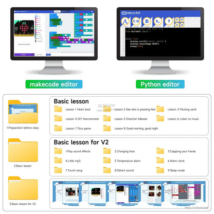 MakeCode editor and Python editor screens with lesson folder list for micro:bit V2 learning resources