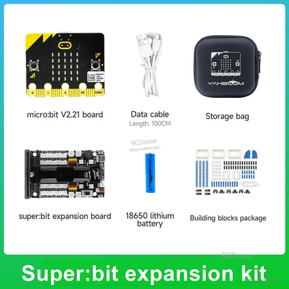 Super:bit expansion kit contents: micro:bit V2.21 board, USB cable, storage bag, expansion board, 18650 battery, blocks set