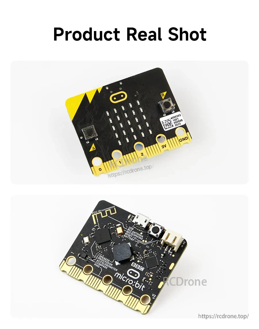 Real product photos of micro:bit board front and back, showing LED matrix side and rear components