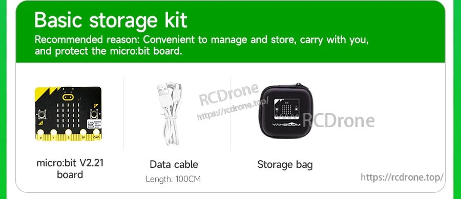 Basic storage kit with micro:bit V2.21 board, 100cm data cable, and zippered storage bag