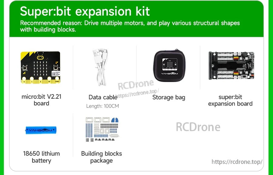 Super:bit expansion kit with micro:bit V2.21 board, data cable, storage bag, 18650 battery, blocks, and expansion board