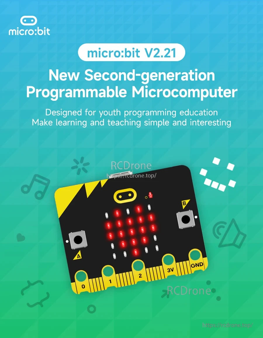 BBC official micro:bit V2.21 programmable board front view with 5x5 LED matrix and A/B buttons