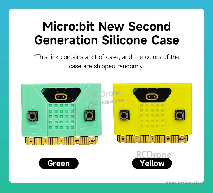 Micro:bit second-generation silicone case options in green and yellow; colors shipped randomly