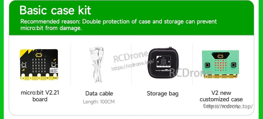 micro:bit basic case kit with micro:bit V2.21 board, 100cm data cable, storage bag, and green protective case