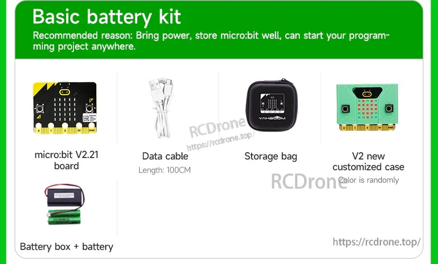 Basic battery kit with micro:bit V2.21 board, 100cm USB data cable, storage bag, case, and battery pack