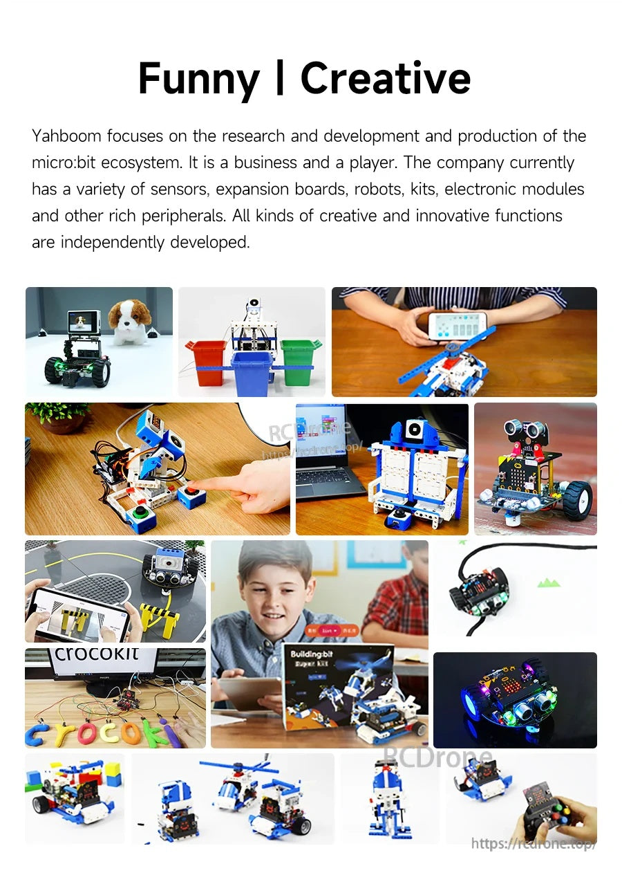 Collage of creative micro:bit projects including robots, sensors, and classroom builds