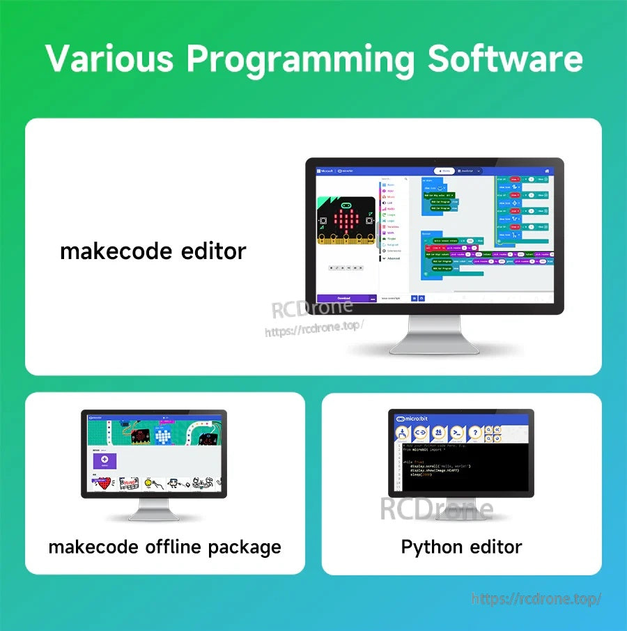 Programming options for micro:bit including Microsoft MakeCode editor, offline package, and Python editor