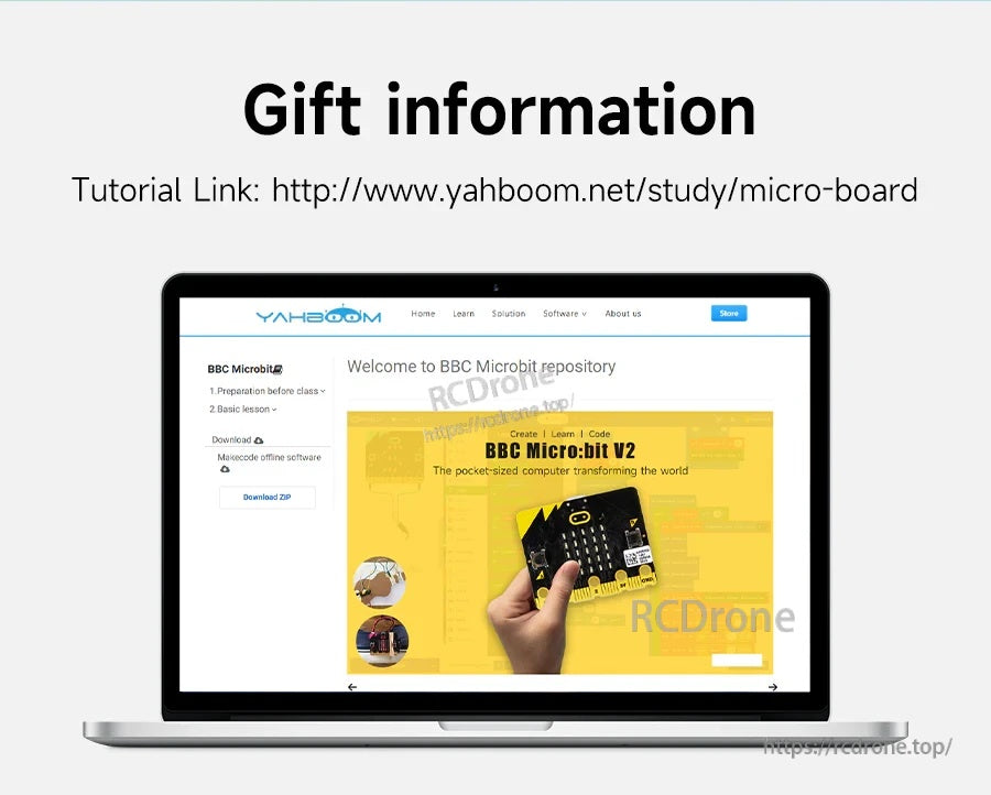Tutorial link and micro:bit repository page displayed on a laptop screen for getting started resources
