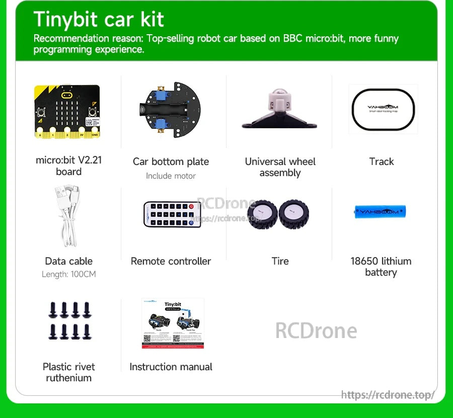 Tinybit car kit contents with micro:bit V2.21 board, chassis plate, remote, tires, track, cable and 18650 battery