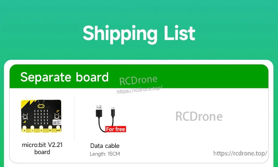 Shipping list showing BBC micro:bit V2.21 board and a free 15cm USB data cable