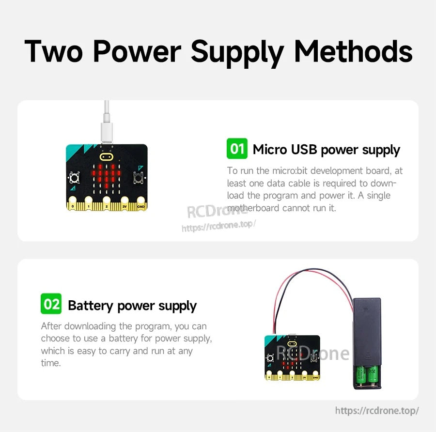 Two power supply methods for micro:bit: micro USB cable power and battery pack power