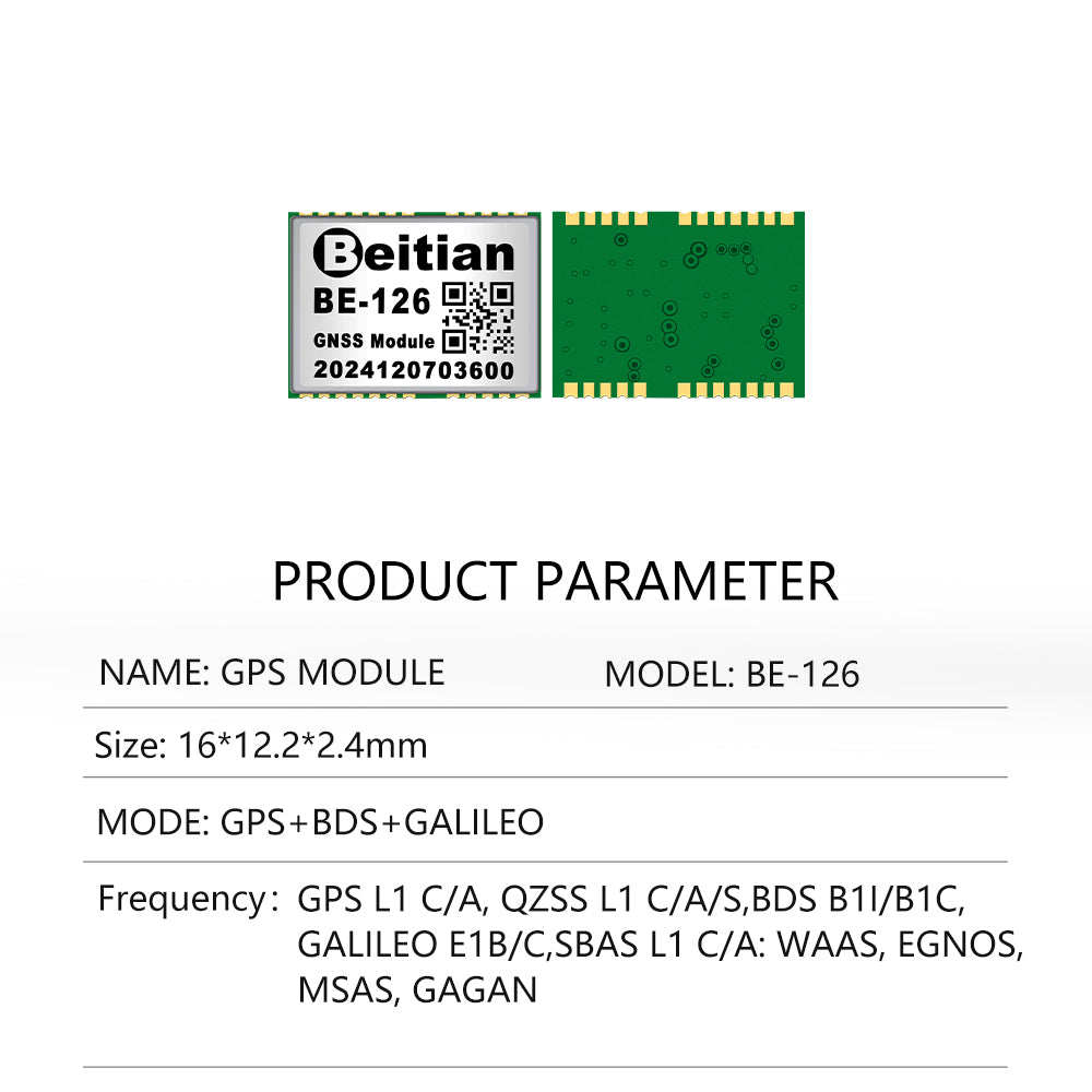 Beitian BE-126 product parameter sheet showing module front and back with size and supported GNSS modes