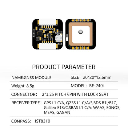 Beitian BE-240i M10/M10050 GNSS GPS product parameter sheet with size 20×20×12.6 mm and IST8310