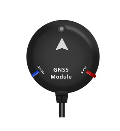 Round GNSS receiver module front view with arrow marker and GPS FIX and S-KEY LED indicators