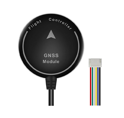 Beitian GNSS Module puck with 6-pin JST cable, top view showing Flight Controller arrow marking