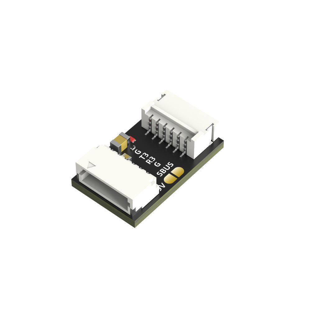 SpeedyBee F405 AIO external BEC board with two white connectors and SBUS, T3/R3, 5V pad labels