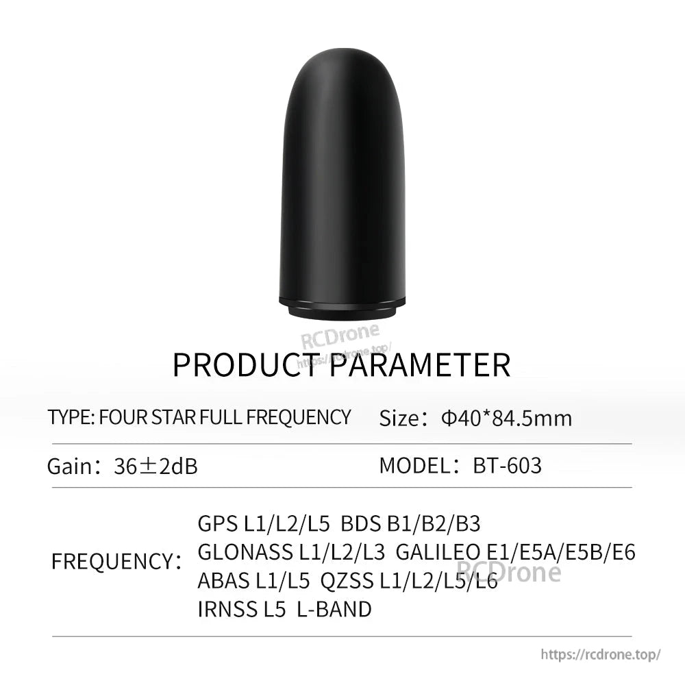 BEITIAN BT Series GNSS Helical Antenna, BEITIAN BT-603 GNSS helical antenna with black dome housing, 40×84.5 mm size and 36±2 dB gain specs